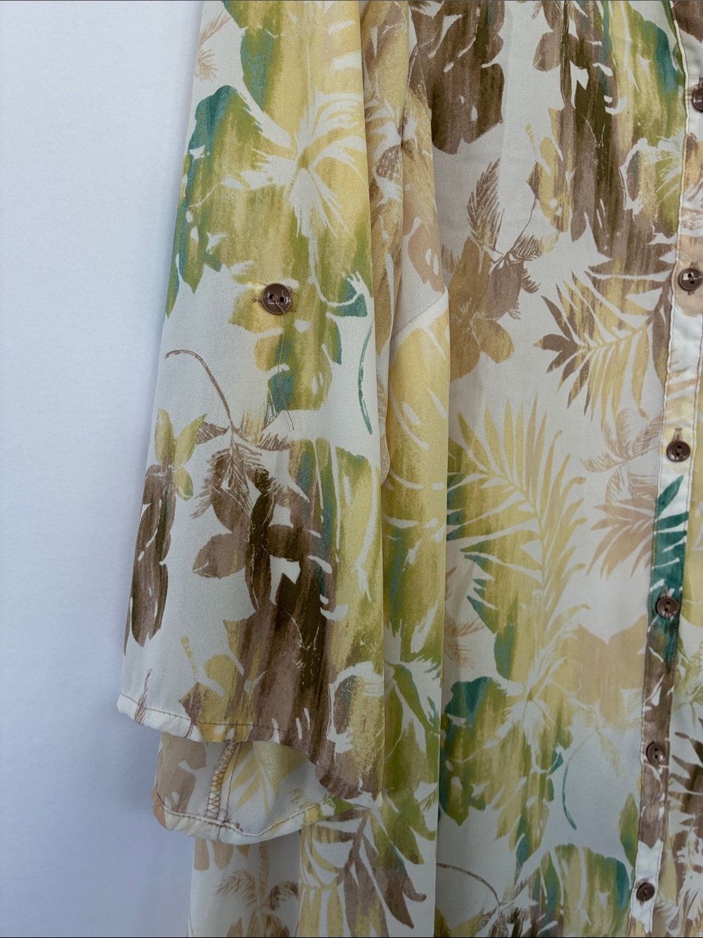 Catherines Cream Button-Front Tunic with Green and Brown Leaf Print 1X - Picture 6 of 15